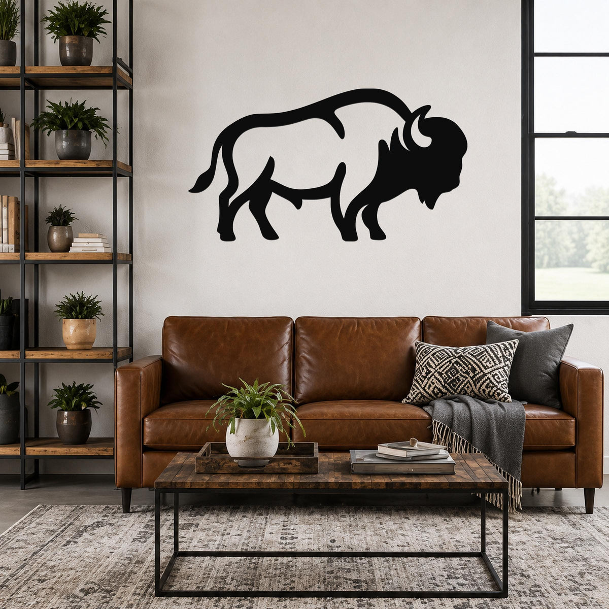 Black metal bison silhouette wall art mounted above a brown leather sofa in a living room.