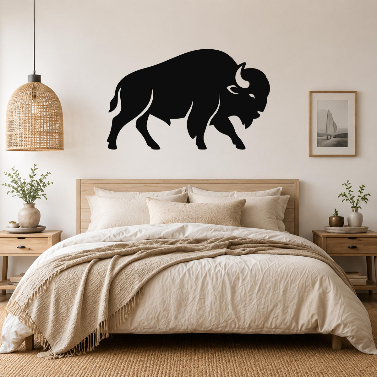 Black metal buffalo silhouette wall art mounted above a wooden bed in a neutral bedroom.