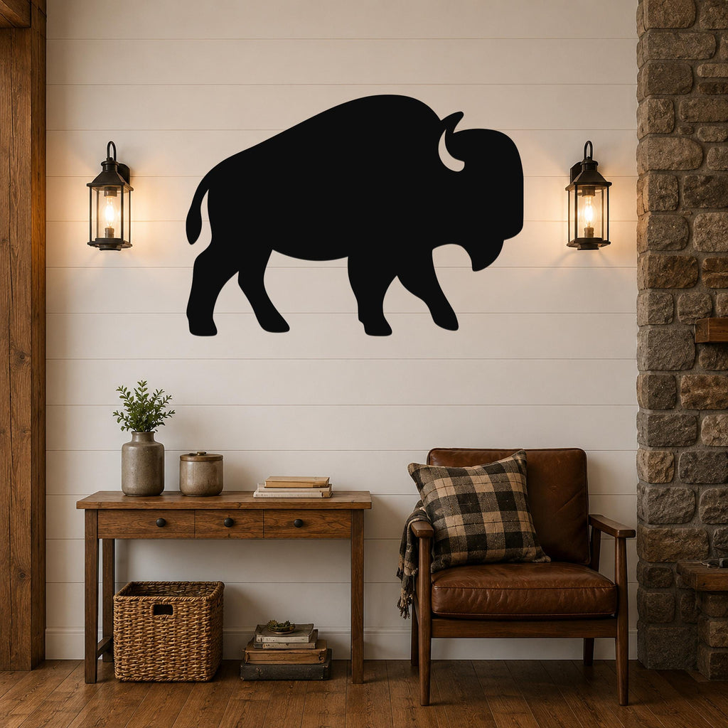 Black metal buffalo silhouette wall art mounted on a shiplap wall above a wooden console table in a rustic living room.