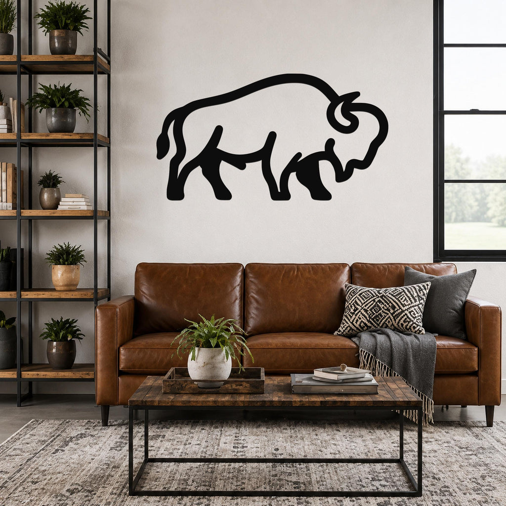 Black metal buffalo silhouette wall art mounted above a brown leather sofa in a living room.