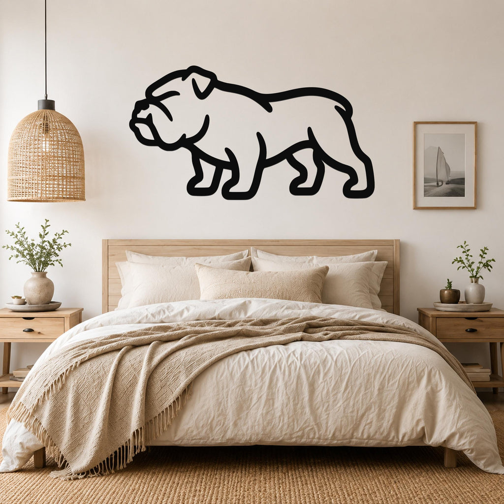 Black metal bulldog wall art silhouette mounted above a bed in a neutral bedroom.