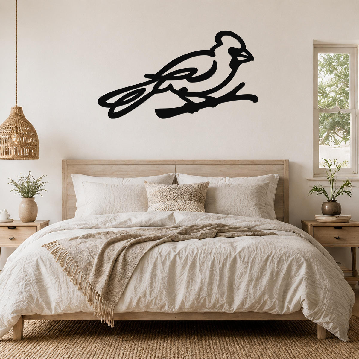 Black metal cardinal wall art in a minimalist silhouette style, mounted above a bed in a bright bedroom.