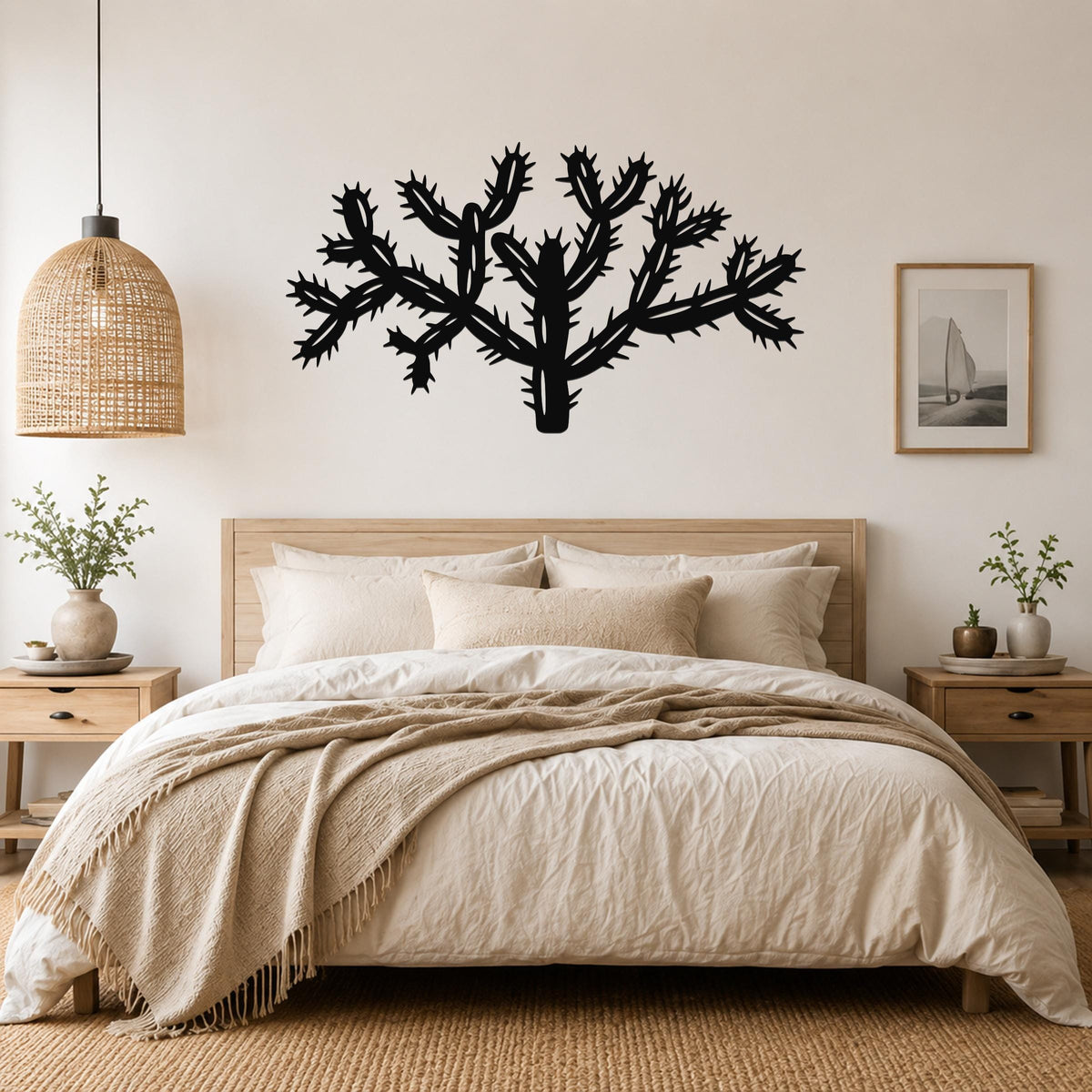 Black metal cholla cactus wall art with detailed spine cutouts, mounted above a bed in a neutral bedroom.
