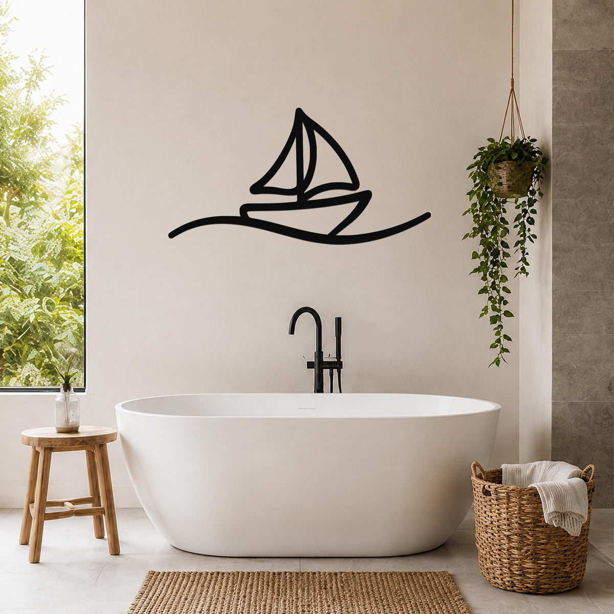 Black metal sailboat wall art with wave cutout, mounted on a bathroom wall above a freestanding tub.