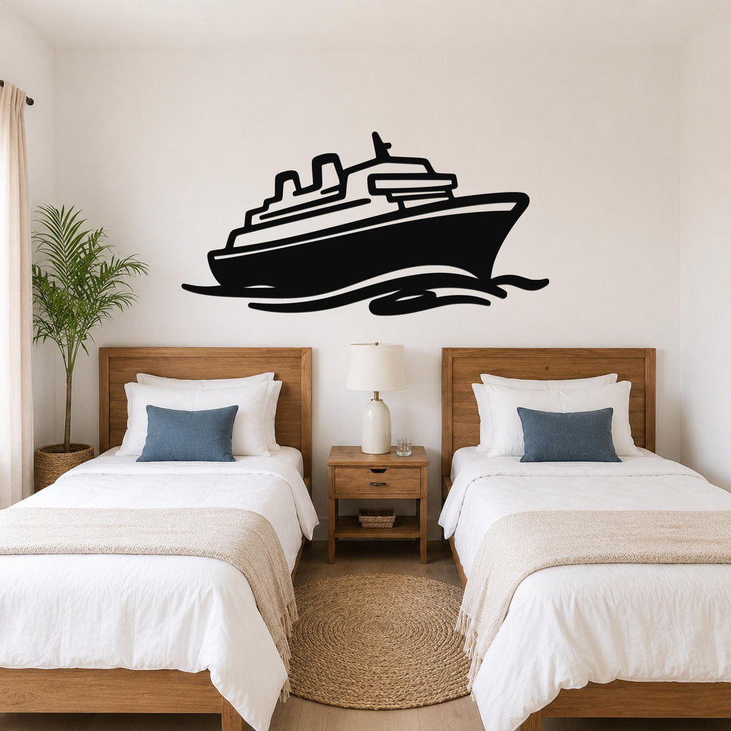 Black metal cruise ship wall art with wave cutouts, mounted above two beds in a bedroom.