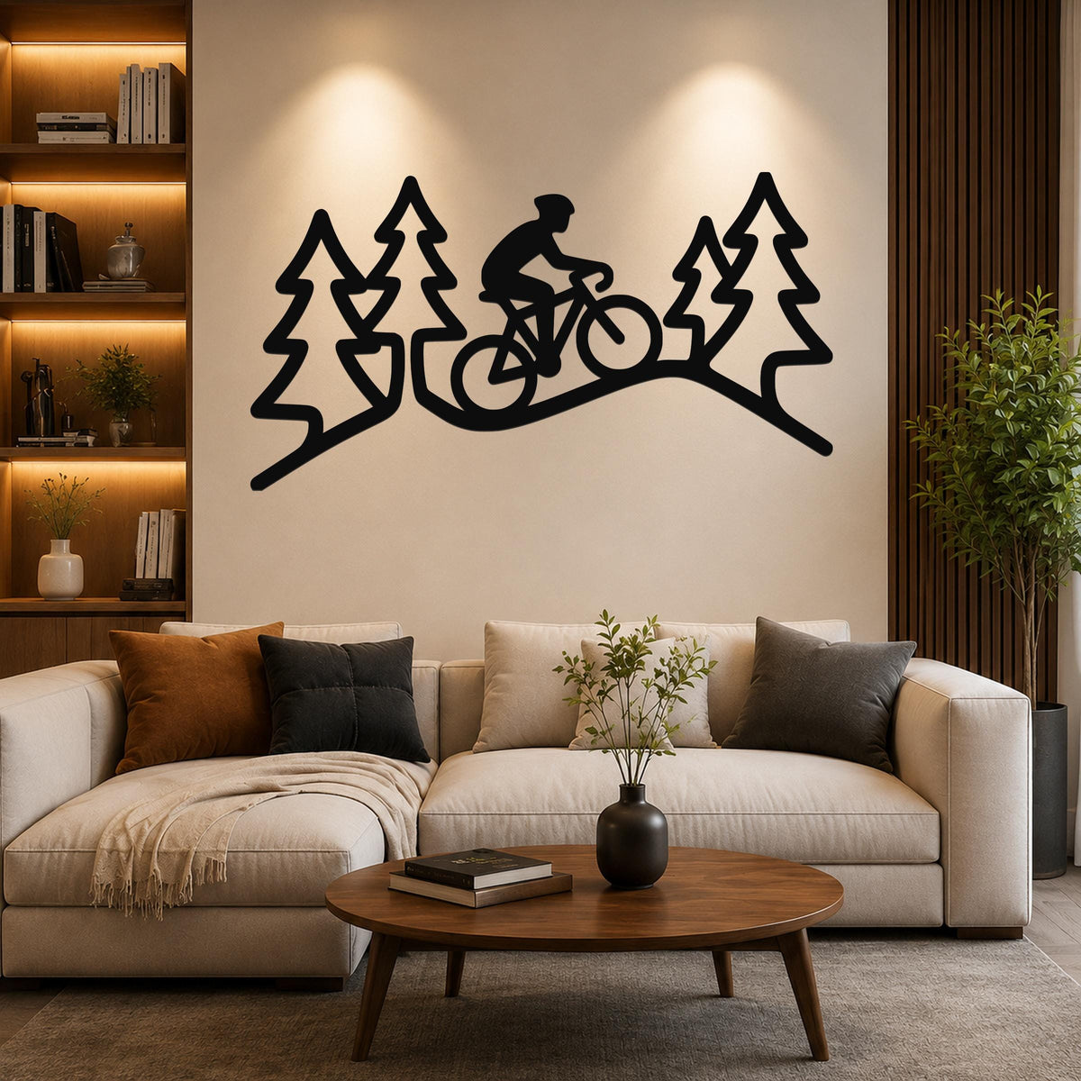 Black metal wall art featuring a cyclist silhouette between pine trees, mounted above a sofa in a living room.