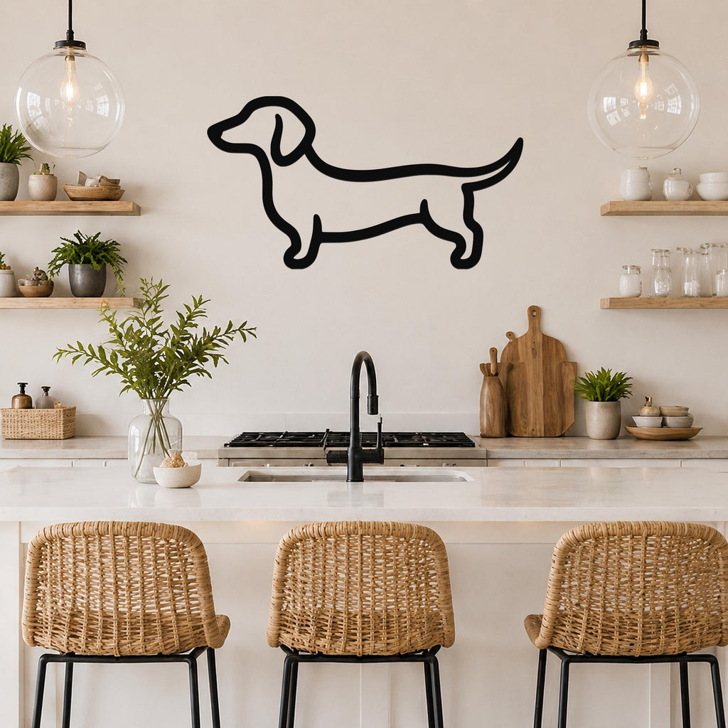 Black metal dachshund wall art in a bold silhouette style, mounted on a kitchen wall above a counter with wicker bar stools.