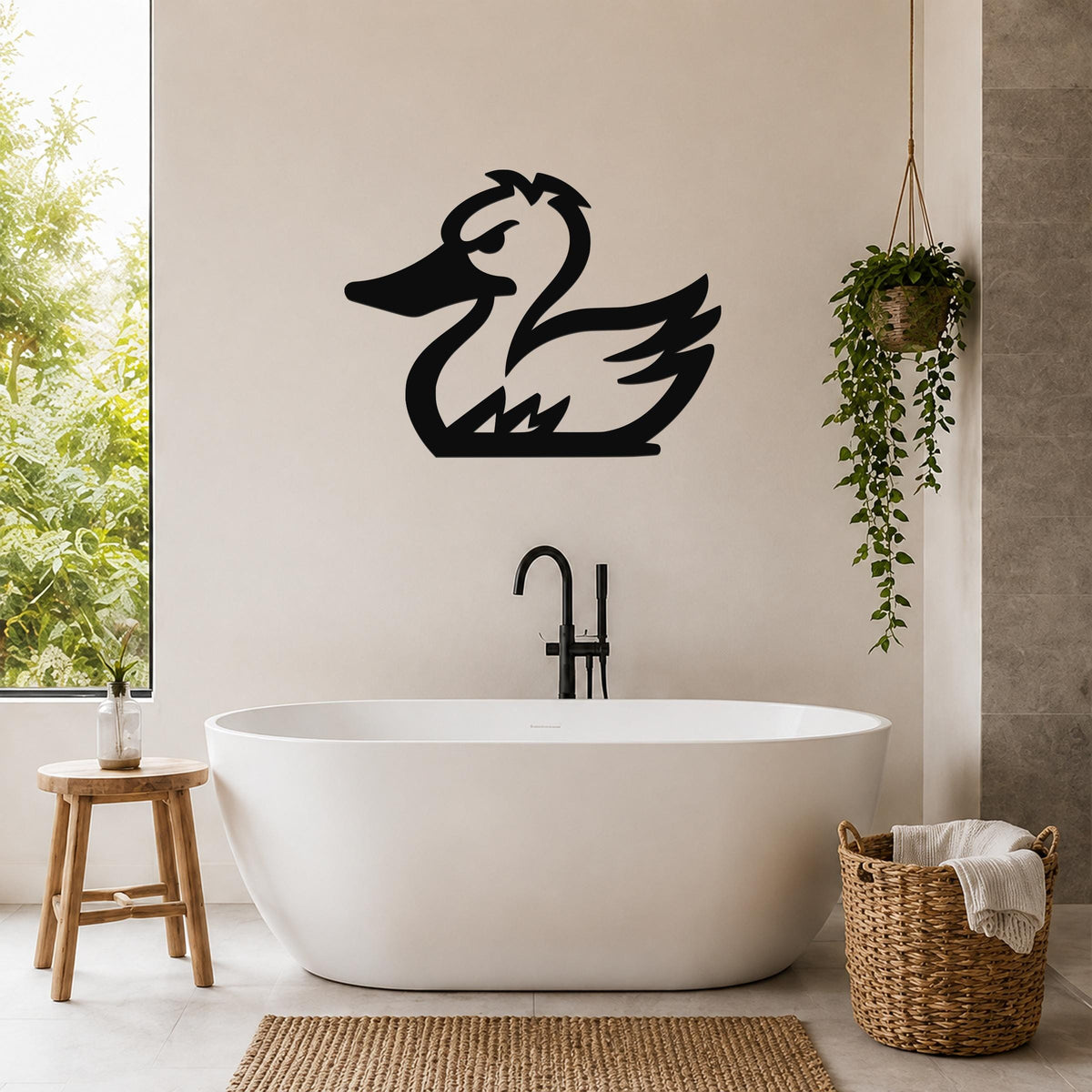 Black metal duck wall art silhouette mounted on a bathroom wall above a freestanding tub, with a hanging plant and woven basket nearby.