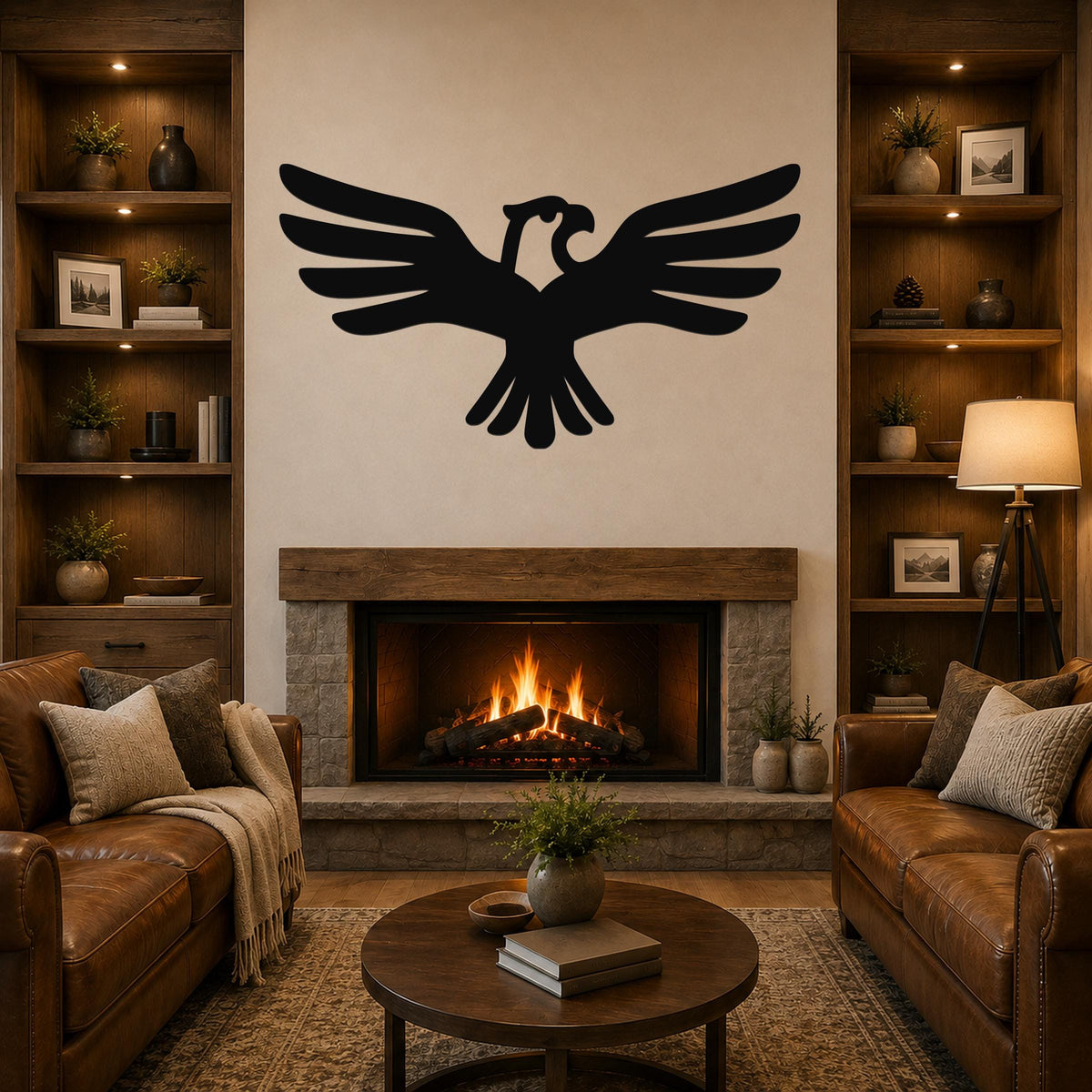 Black metal eagle wall art with outstretched wings and internal cutout details, mounted above a fireplace in a living room.