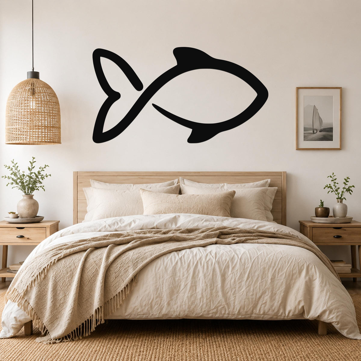 Black metal fish wall art with a simple silhouette design, mounted on a wall above a bed in a neutral bedroom.
