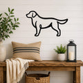 Black metal dog silhouette wall art mounted on a white shiplap wall above a wooden bench in a living room.