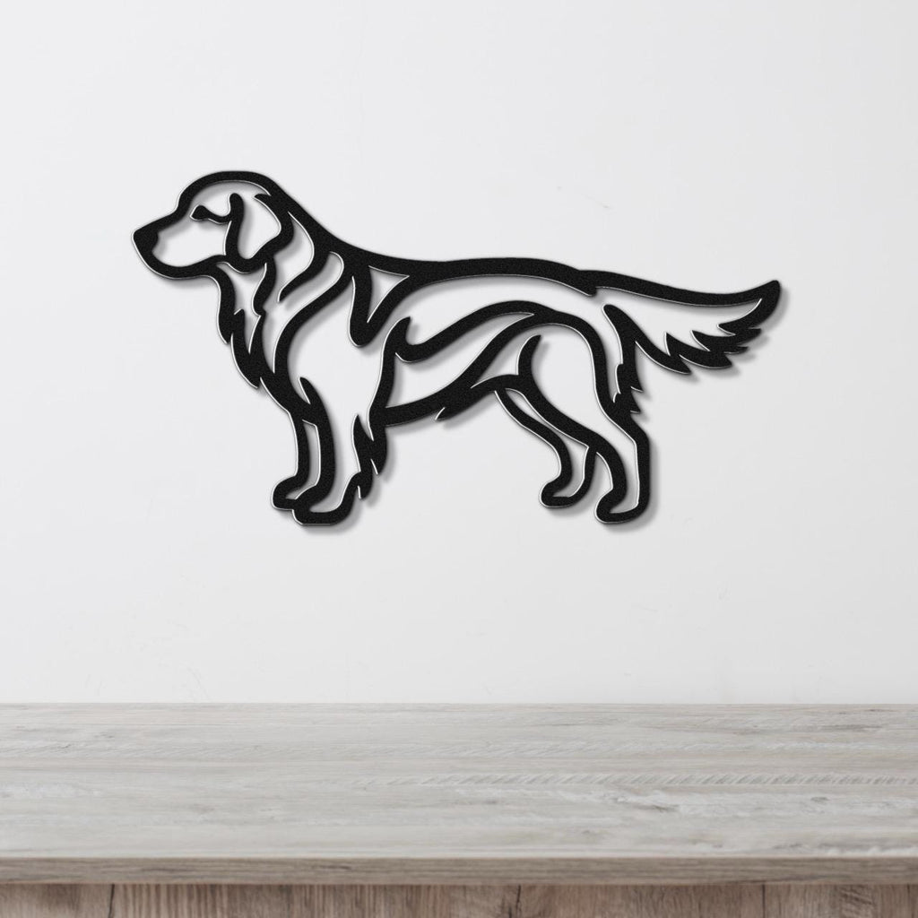 Black metal wall art in the silhouette of a standing golden retriever, mounted on a white wall above a light wood surface.