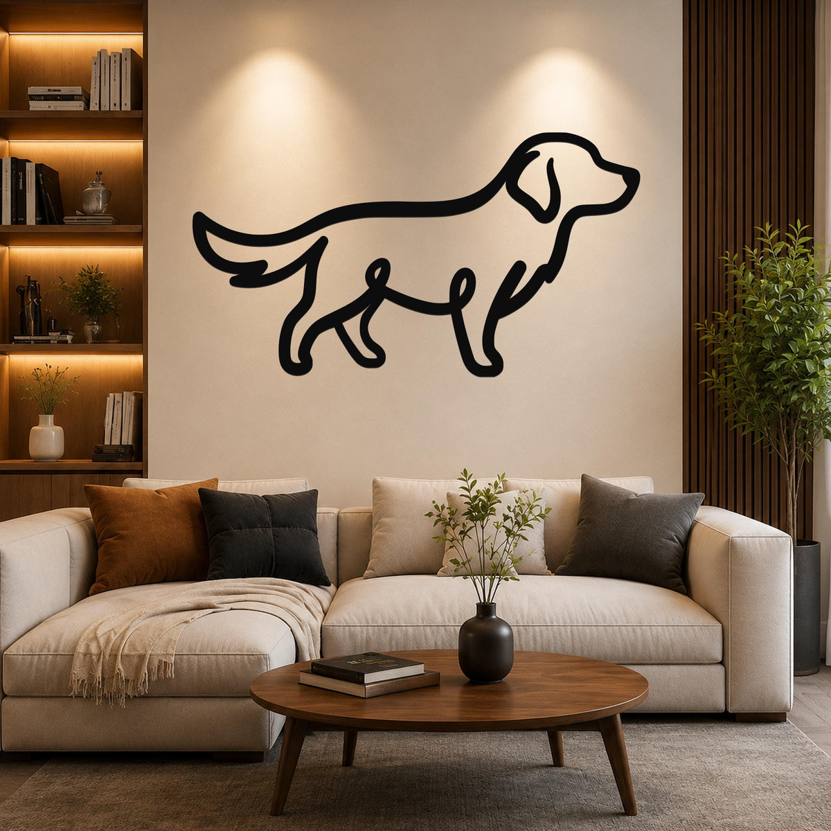 Black metal dog silhouette wall art mounted on a living room wall above a beige sofa, with warm lighting and a wooden bookshelf to the left.