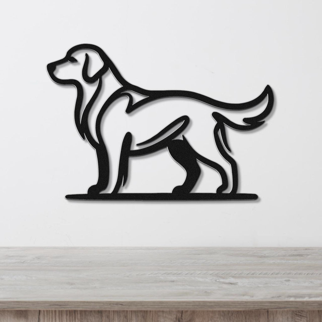 Black metal dog silhouette wall art of a standing Golden Retriever, mounted on a white wall above a light wood surface.