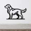 Black metal dog silhouette wall art of a standing Golden Retriever, mounted on a white wall above a light wood surface.