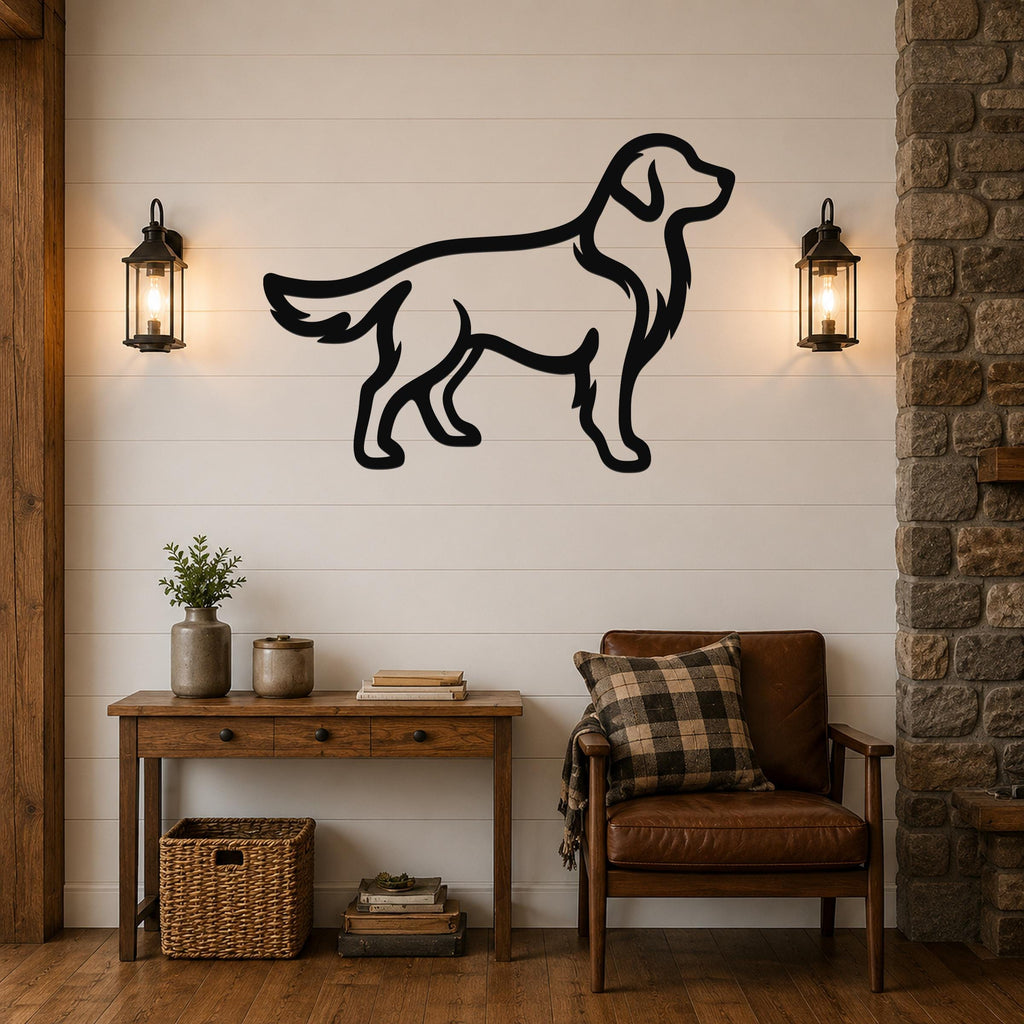 Black metal Golden Retriever wall art silhouette mounted on a shiplap wall above a wooden console table in a living room.