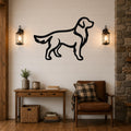 Black metal Golden Retriever wall art silhouette mounted on a shiplap wall above a wooden console table in a living room.