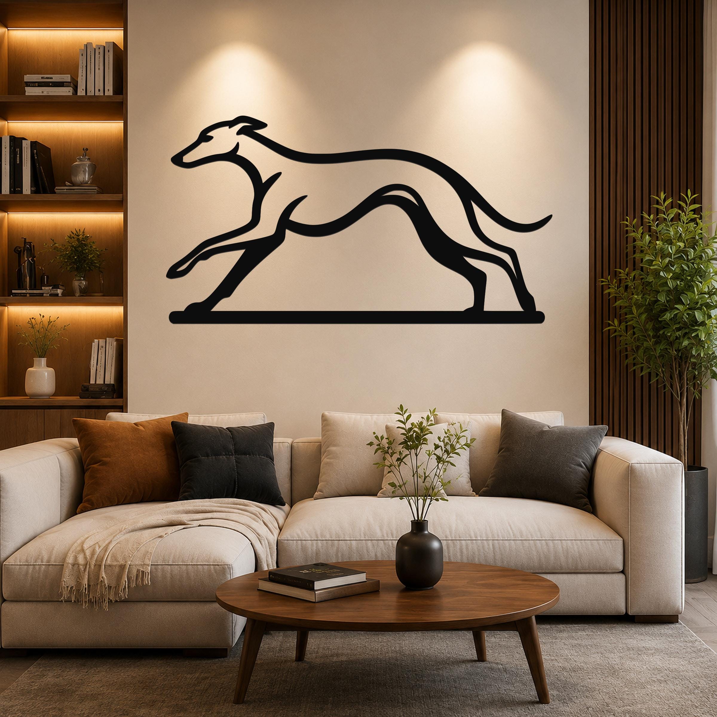Black metal greyhound wall art with a sleek silhouette design, mounted above a beige sofa in a modern living room.