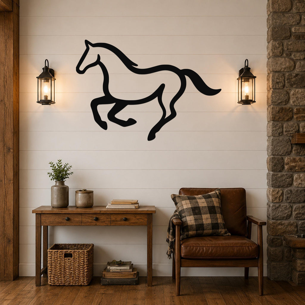 Black metal horse wall art with a running silhouette, mounted on a shiplap wall above a wooden console table in a rustic living room.