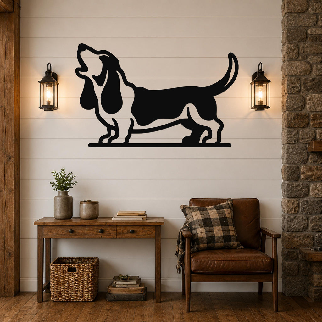 Black metal wall art of a howling basset hound silhouette, mounted on a shiplap wall above a wooden console table in a living room.