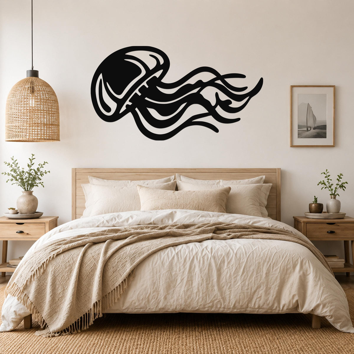 Black metal jellyfish wall art with flowing tentacle cutouts, mounted above a bed in a neutral bedroom.