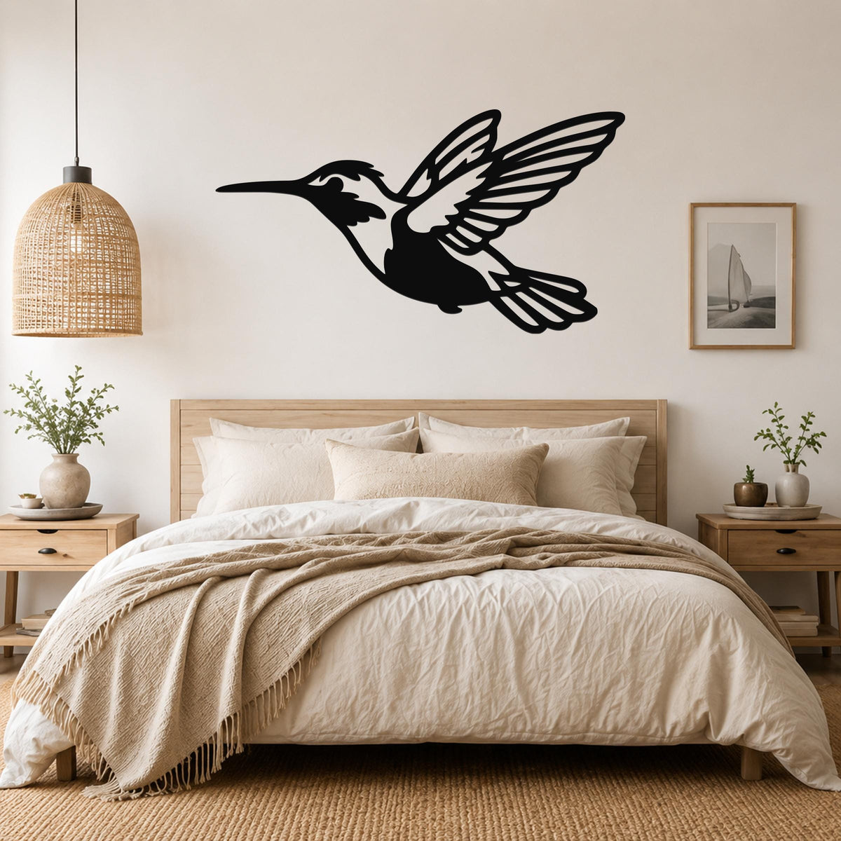 Black metal hummingbird wall art with open wings and internal cutout details, mounted above a wooden bed in a neutral bedroom.