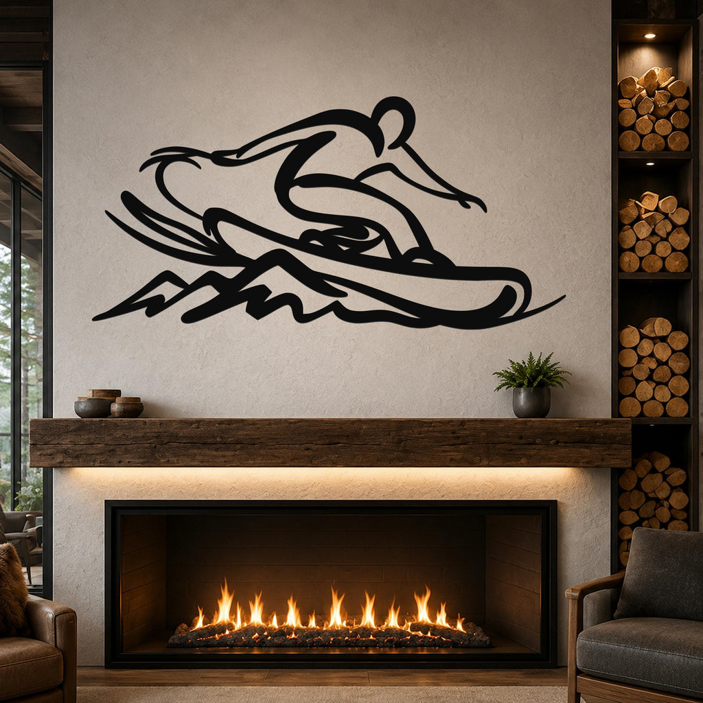 Black metal wall art of a snowboarder silhouette with motion lines, mounted above a fireplace in a living room.