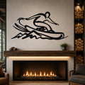 Black metal wall art of a snowboarder silhouette with motion lines, mounted above a fireplace in a living room.