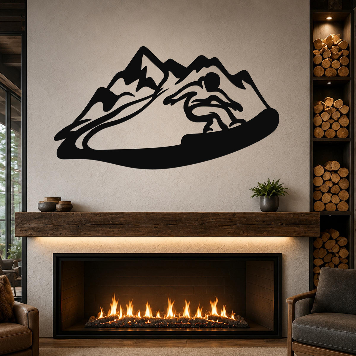Black metal wall art with a snowboarder silhouette cutting through a mountain range, mounted above a fireplace in a living room.