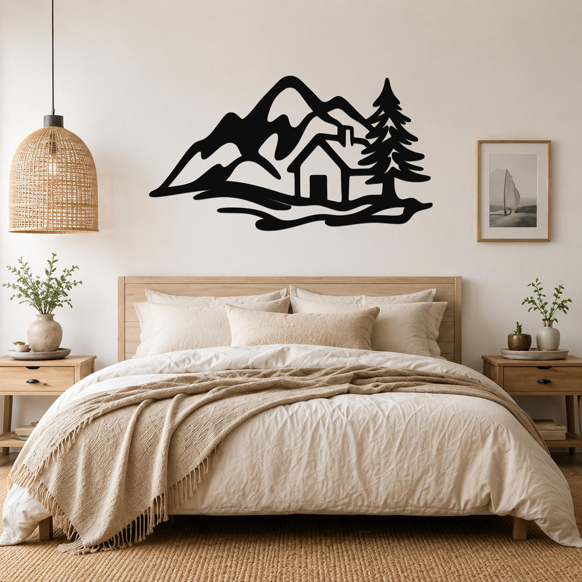 Black metal wall art silhouette of a mountain cabin scene with pine trees, mounted above a bed in a bedroom.