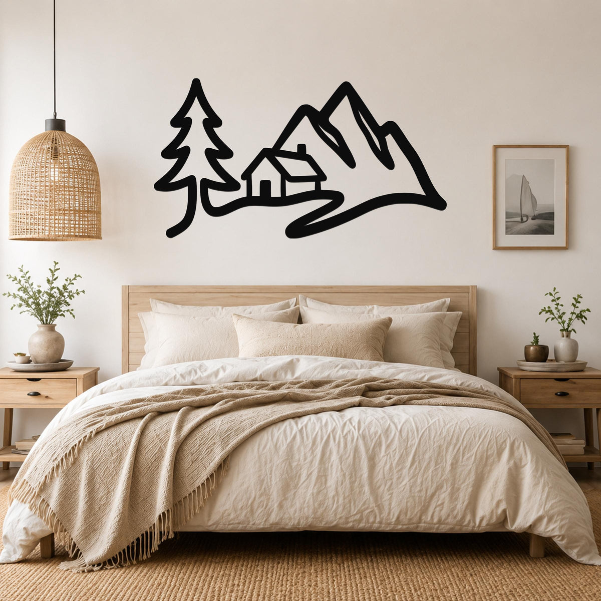 Black metal wall art silhouette of a mountain range with a cabin and pine tree, mounted above a bed in a neutral bedroom.