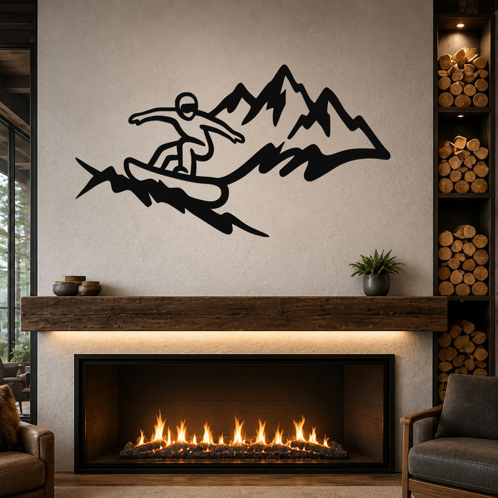 Black metal wall art featuring a snowboarder silhouette in motion above a mountain range, mounted above a fireplace in a living room.