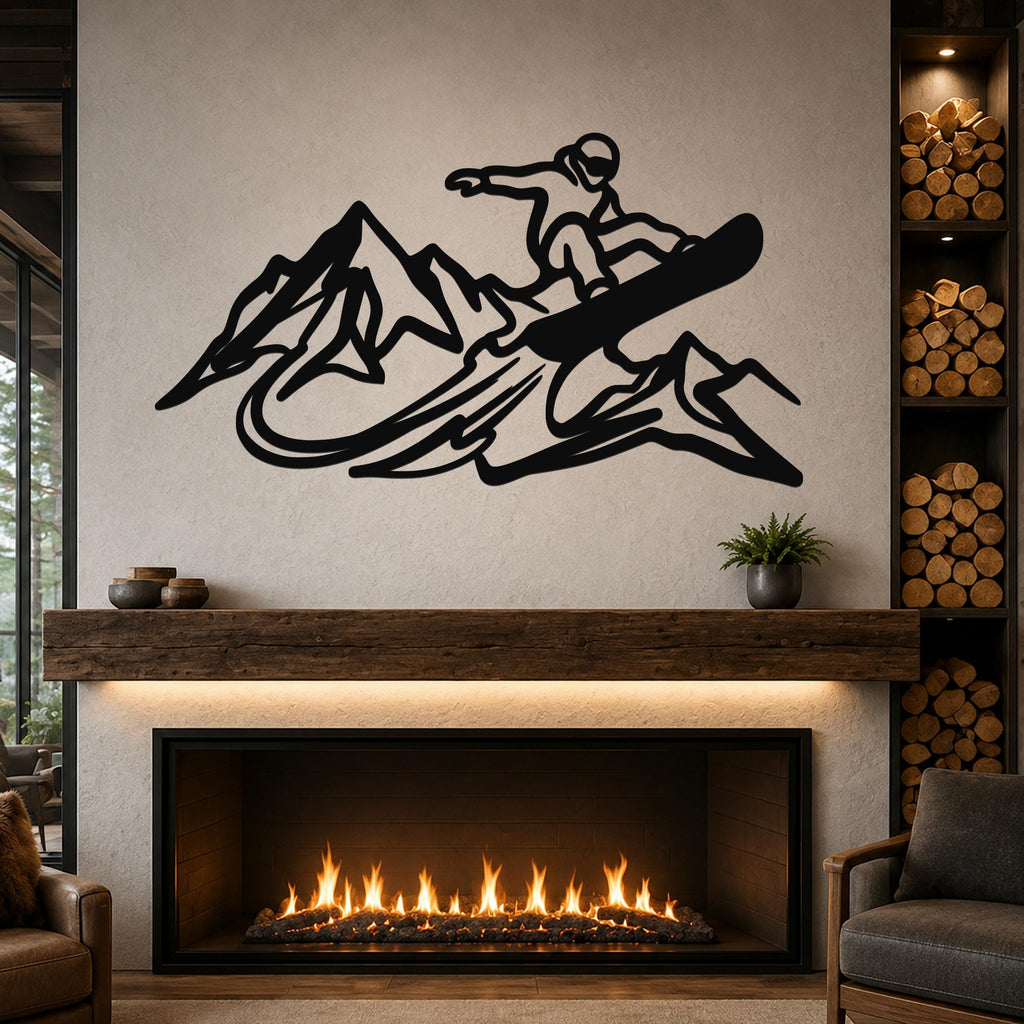 Black metal wall art featuring a snowboarder silhouette above a fireplace, with mountain and motion-line cutouts, mounted on a living room wall.