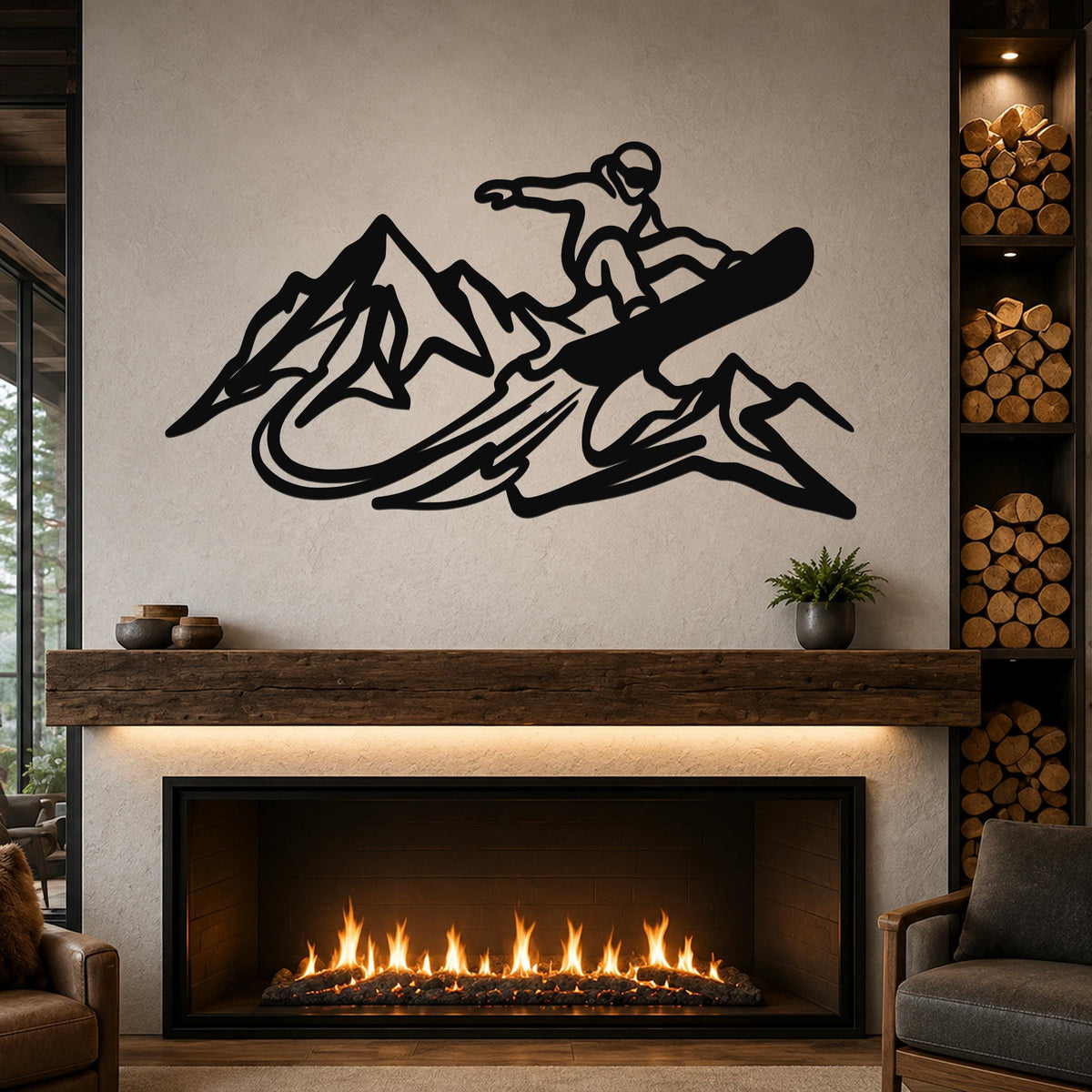 Black metal wall art featuring a snowboarder silhouette above a fireplace, with mountain and motion-line cutouts, mounted on a living room wall.