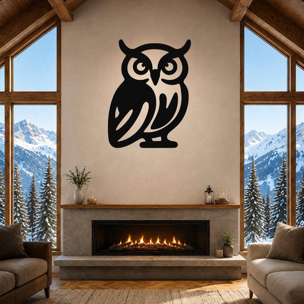 Black metal owl wall art with cutout details, mounted above a fireplace in a living room with large windows and mountain views.