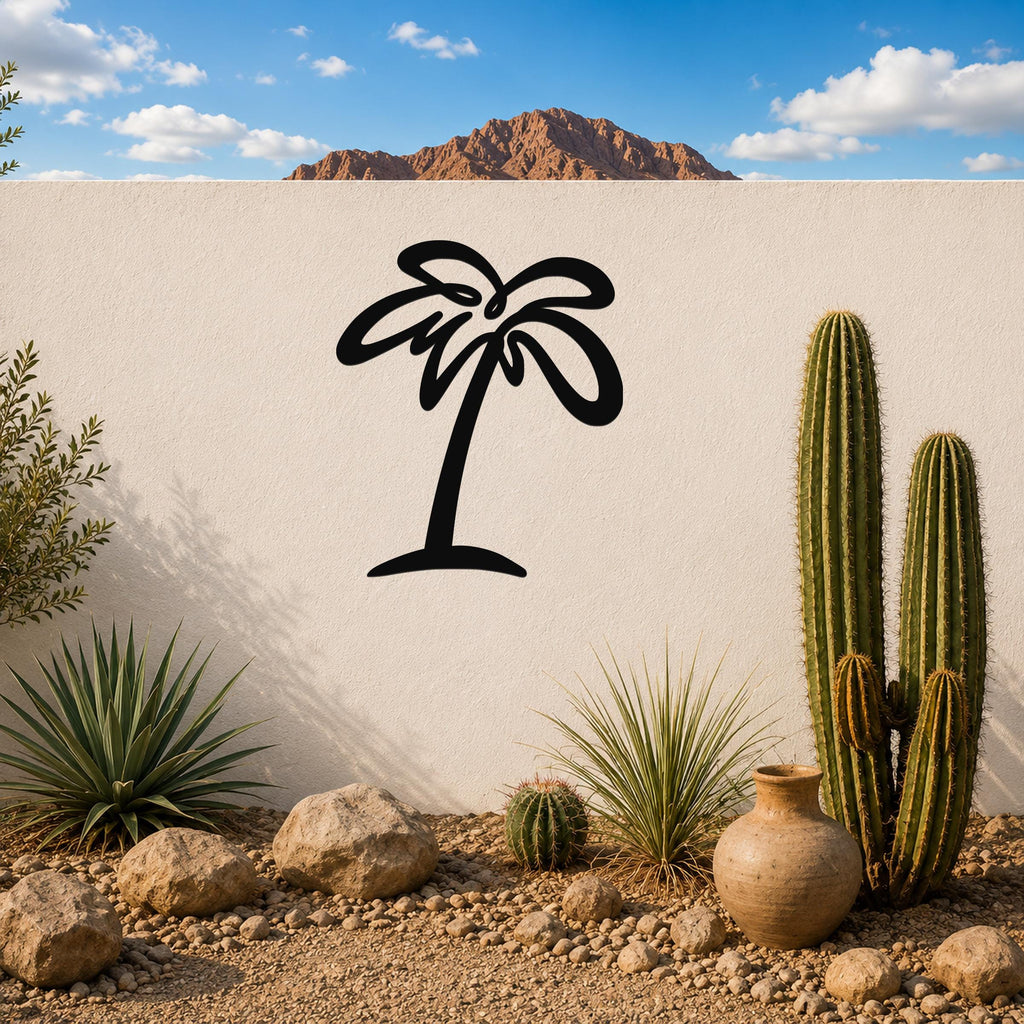 Black metal palm tree wall art with flowing frond cutouts, mounted on a white outdoor wall above a desert garden with cacti and rocks.
