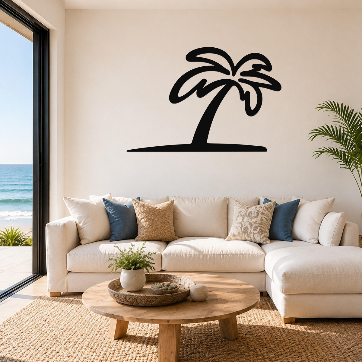 Black metal palm tree wall art with a silhouette design, mounted above a white sofa in a bright living room with ocean views.