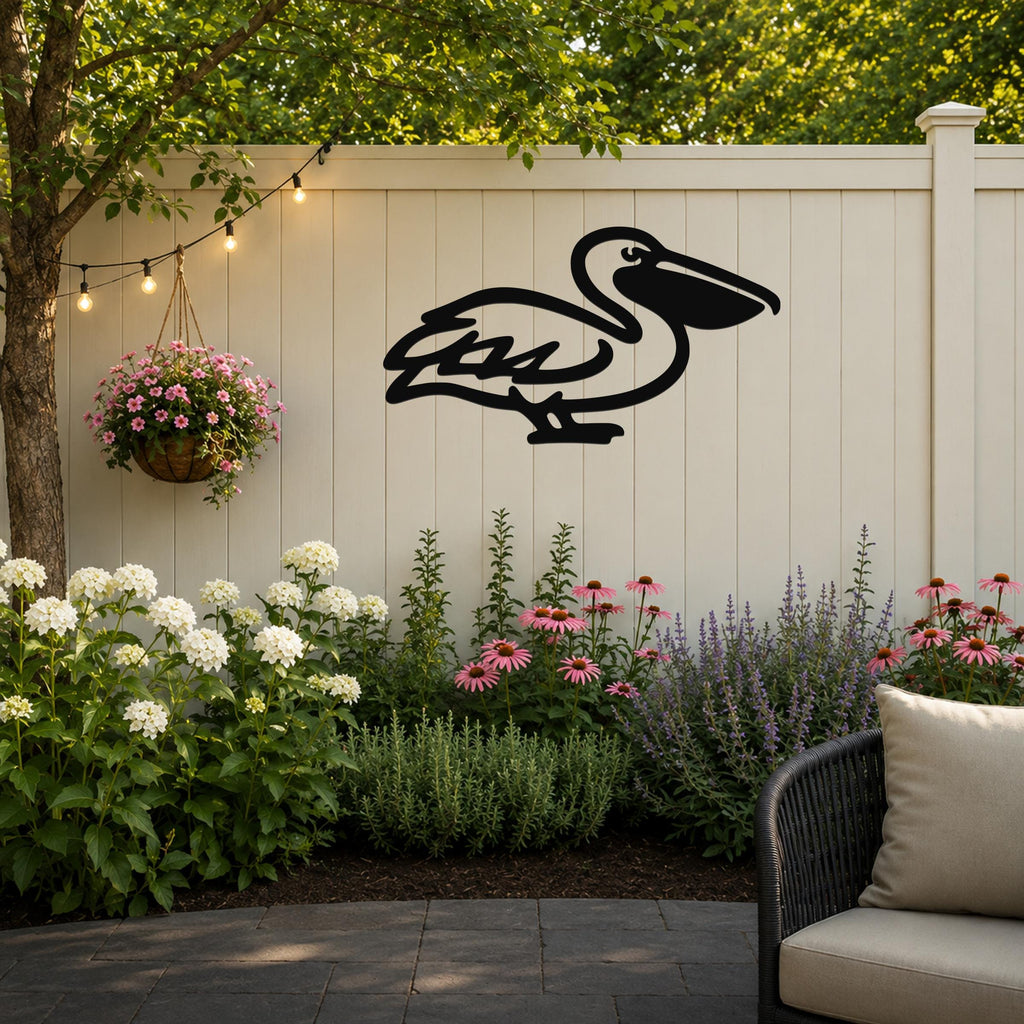 Black metal pelican wall art with a cutout silhouette, mounted on a light-colored outdoor fence above a garden bed with flowers and string lights.