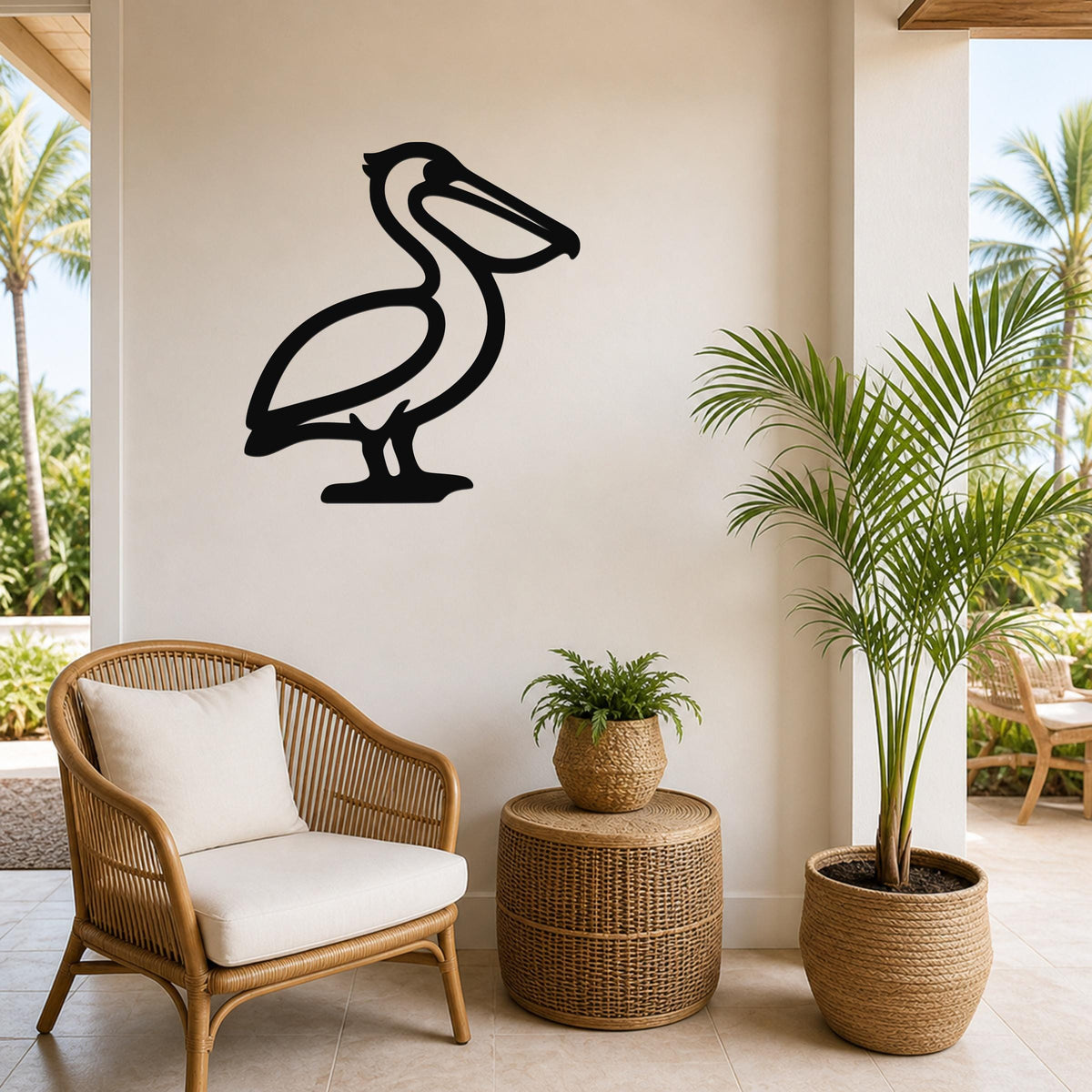Black metal pelican wall art silhouette mounted on a light-colored wall above a wicker chair in a coastal patio setting.