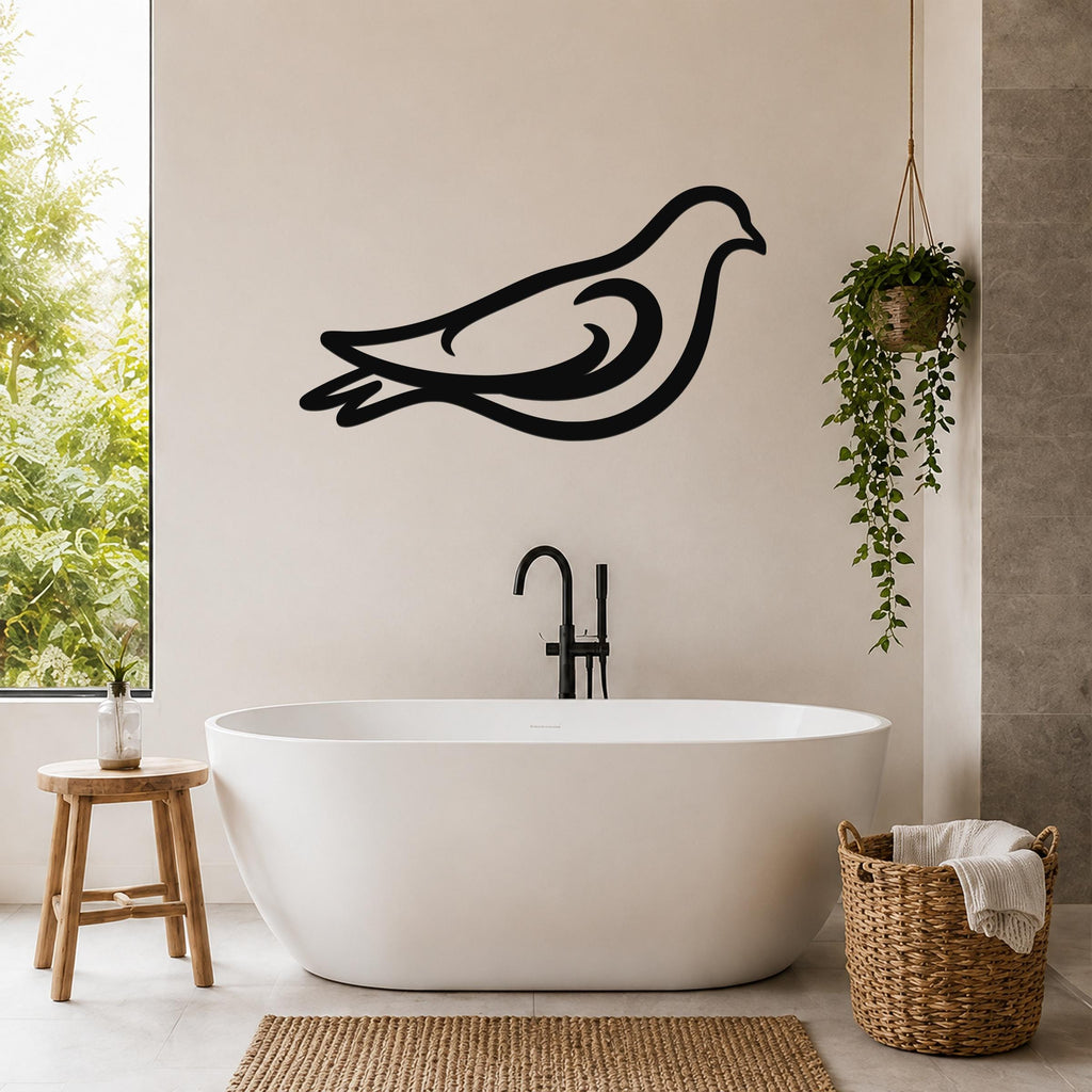 Black metal pigeon wall art with flowing silhouette lines, mounted on a bathroom wall above a freestanding tub.