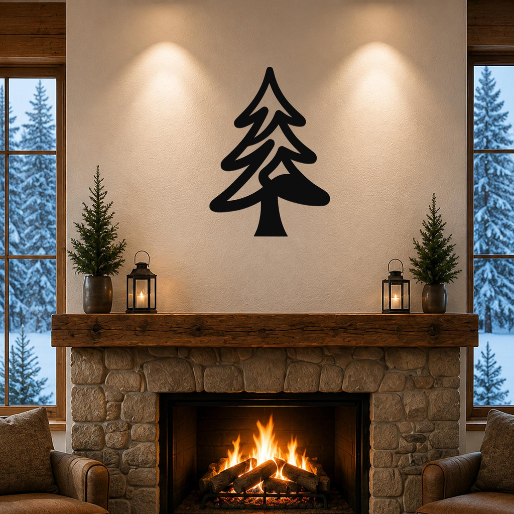 Black metal pine tree wall art with layered branch cutouts, mounted above a stone fireplace in a rustic living room.
