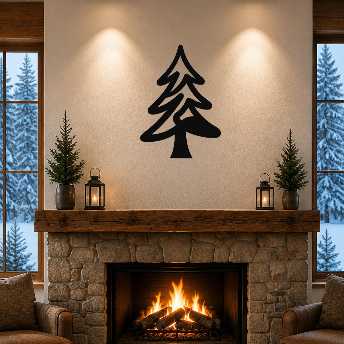 Black metal pine tree wall art with layered branch cutouts, mounted above a stone fireplace in a rustic living room.