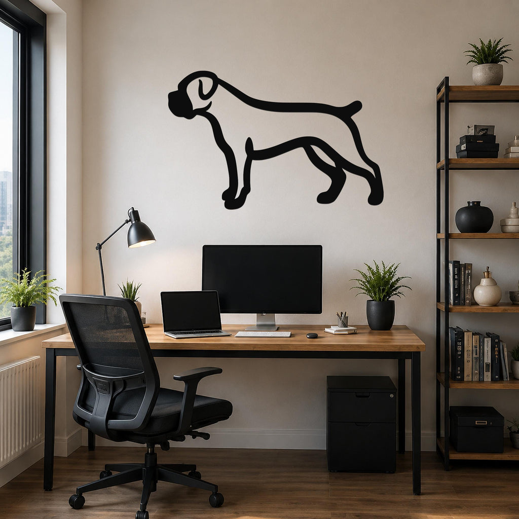 Black metal Boxer dog silhouette wall art mounted above a wooden desk in a modern home office.