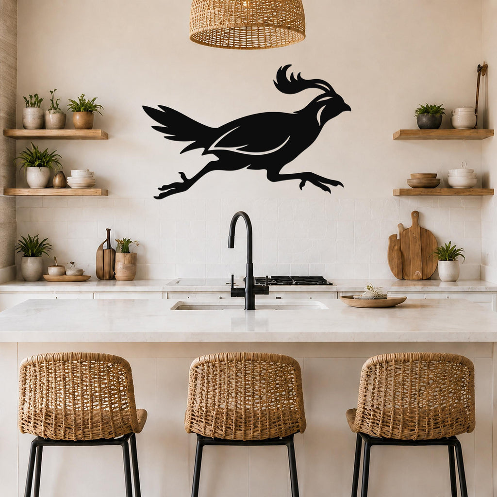 Black metal quail wall art silhouette with motion lines, mounted above a kitchen counter in a modern rustic kitchen.