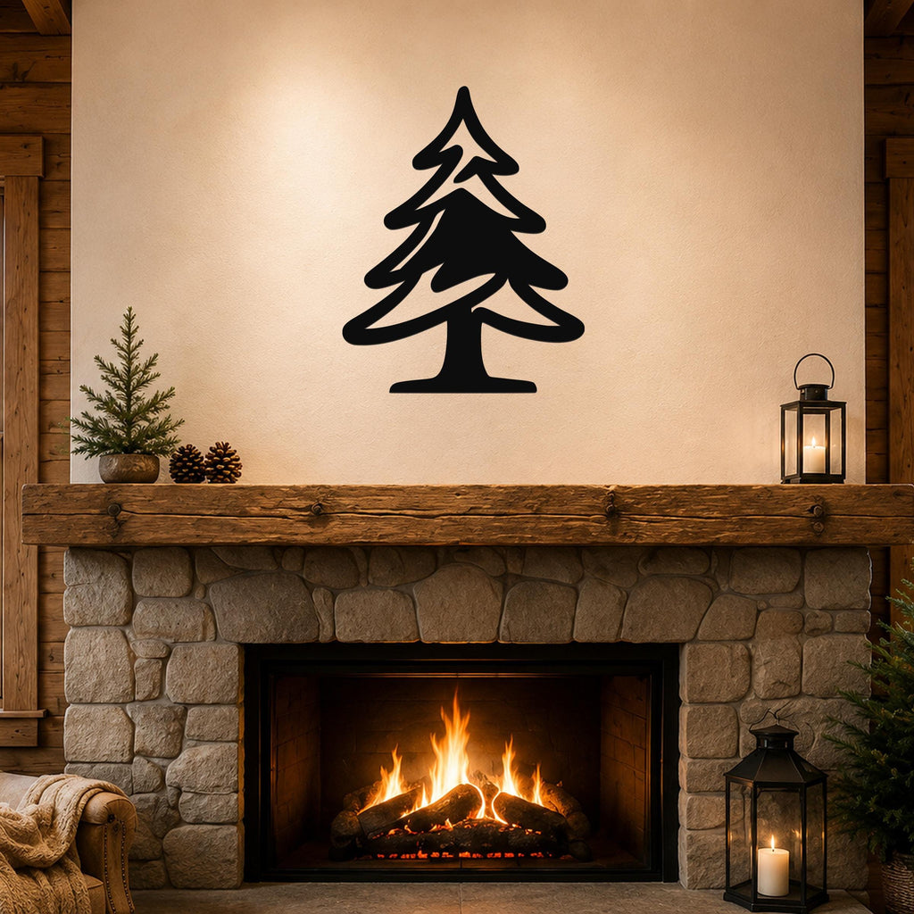Black metal pine tree wall art with layered branch cutouts, mounted above a stone fireplace in a rustic living room.