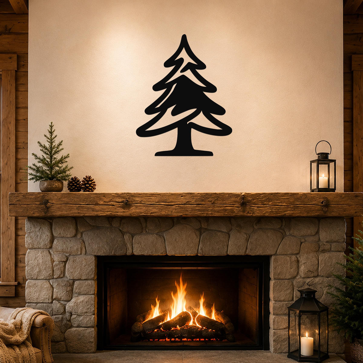 Black metal pine tree wall art with layered branch cutouts, mounted above a stone fireplace in a rustic living room.