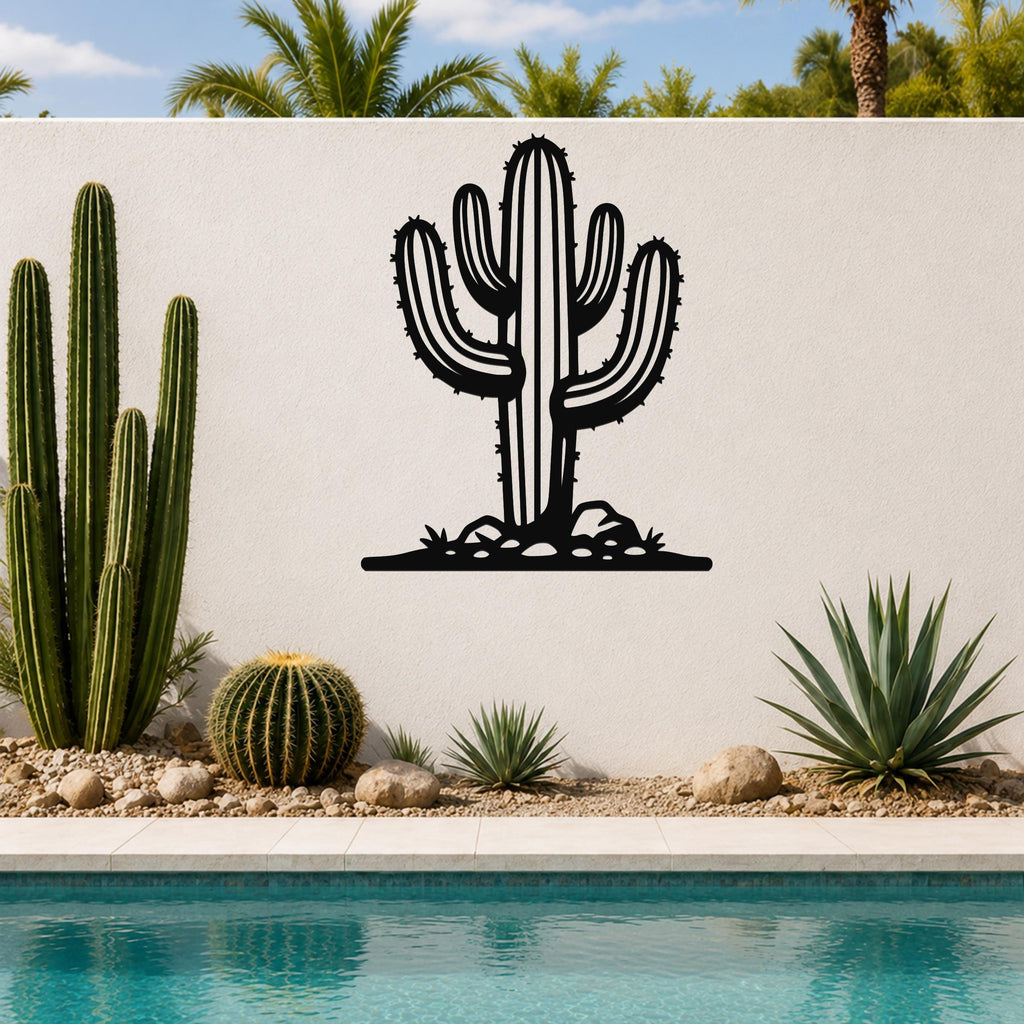 Black metal wall art in the silhouette of a saguaro cactus with branching arms and spines, mounted on a white outdoor wall above a poolside garden.