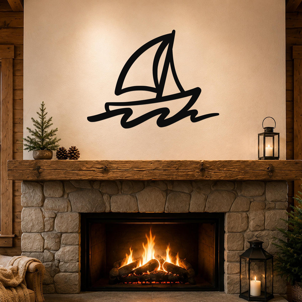 Black metal sailboat wall art with motion-line cutouts, mounted above a stone fireplace in a rustic living room.