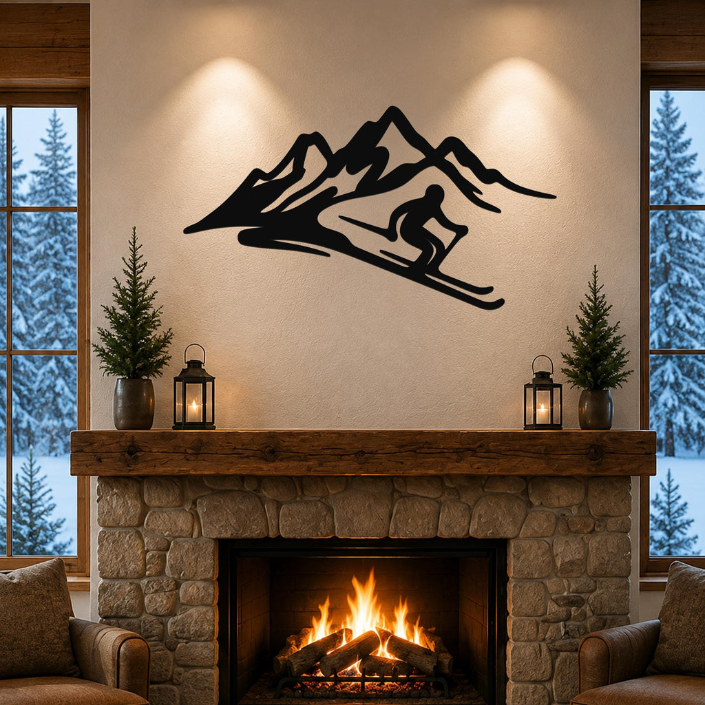 Black metal skier and mountain wall art with fluid motion cutouts, mounted above a stone fireplace in a cozy living room.
