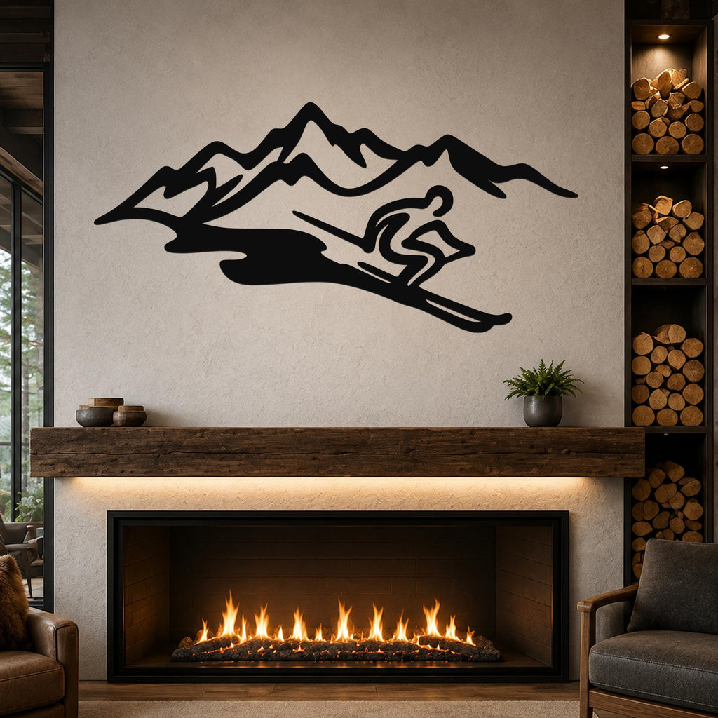 Black metal wall art with a skier and mountain silhouette, mounted above a fireplace in a living room.
